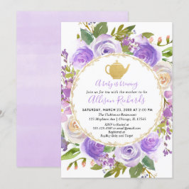 Tea party babydusch lila lavender lilac blommigt inbjudningar