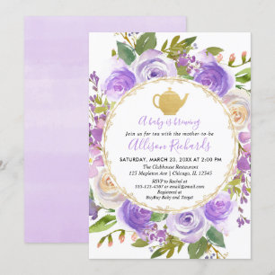 Tea party babydusch lila lavender lilac blommigt inbjudningar