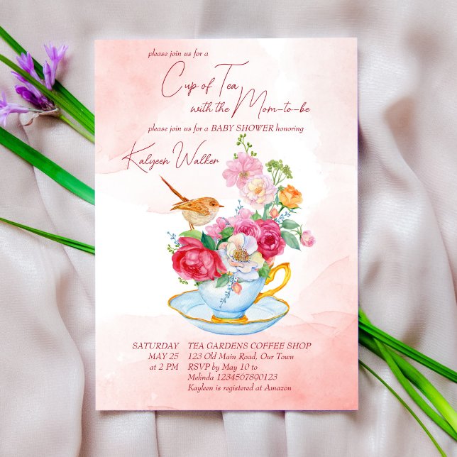 Tea party babyduschte kopp med blommor rosa inbjudningar (Skapare uppladdad)
