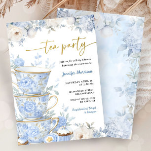 Tea Party Bebis firande Pojke Dammig Blå Blommig Inbjudningar