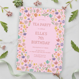 Tea Party Birthday Cute Anpassningsbar Colorful Bl Inbjudningar