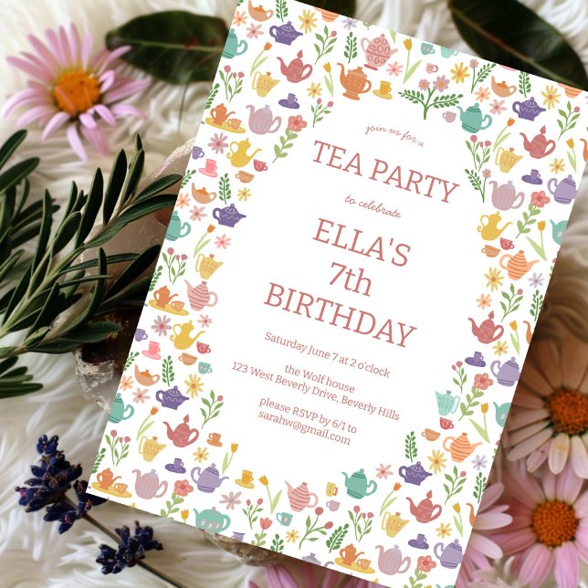 Tea Party Birthday Cute Anpassningsbar Colorful Bl Inbjudningar (Tea Party Birthday Cute Custom Colorful Floral Invitation
)