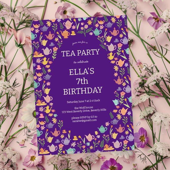 Tea Party Birthday Cute Anpassningsbar Colorful Bl Inbjudningar (Tea Party Birthday Cute Custom Colorful Floral Invitation
)