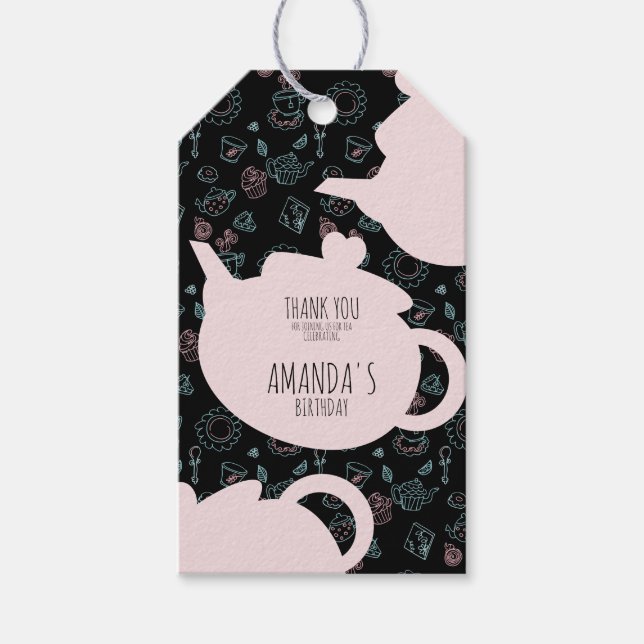 Tea Party Birthday Doodle Background Presentetikett (Framsidan)