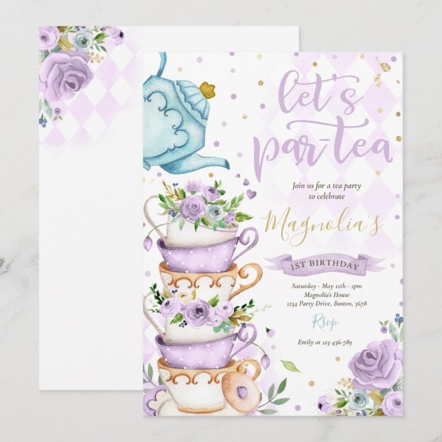 Tea Party Birthday Girl Girl Lila Guld Blommigt Pa Inbjudningar (Fram/baksida)