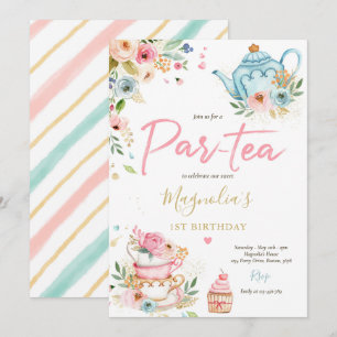 Tea Party Birthday Girl Rosa & Guld Blommigt Par-t Inbjudningar
