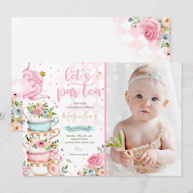 Tea Party Birthday Girl Rosa & Guld Blommigt Par-t Inbjudningar (Fram/baksida)