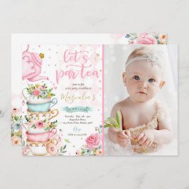Tea Party Birthday Girl Rosa & Guld Blommigt Par-t Inbjudningar