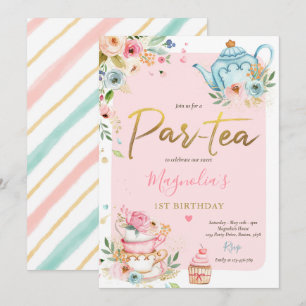 Tea Party Birthday Girl Rosa & Guld Blommigt Par-t Inbjudningar