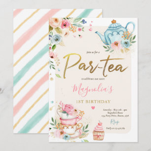 Tea Party Birthday Girl Rosa & Guld Blommigt Par-t Inbjudningar