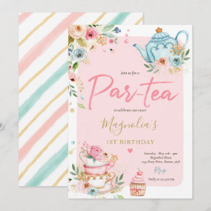 Tea Party Birthday Girl Rosa & Guld Blommigt Par-t Inbjudningar