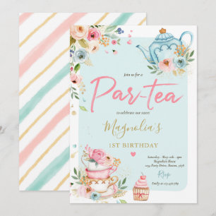 Tea Party Birthday Girl Rosa & Guld Blommigt Par-t Inbjudningar