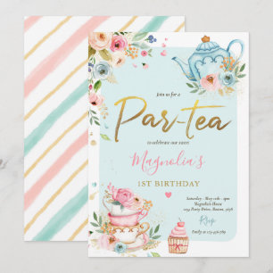 Tea Party Birthday Girl Rosa & Guld Blommigt Par-t Inbjudningar