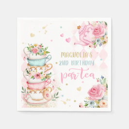 Tea Party Birthday Girl Rosa & Guld Blommigt Par-t Pappersservett