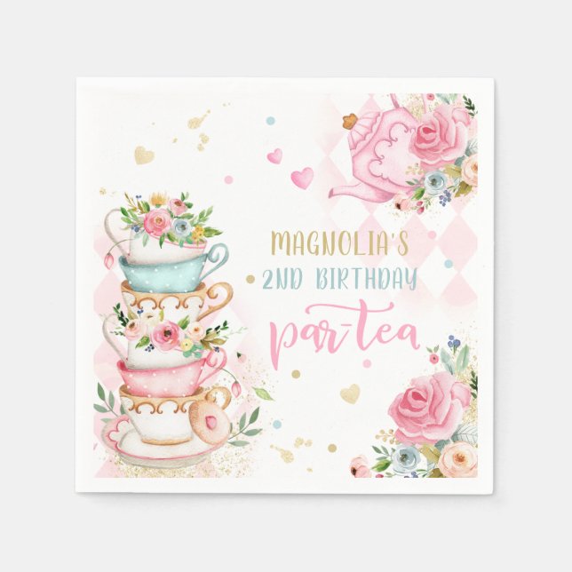 Tea Party Birthday Girl Rosa & Guld Blommigt Par-t Pappersservett (Framsidan)