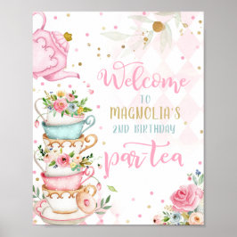 Tea Party Birthday Girl Rosa & Guld Blommigt Par-t Poster