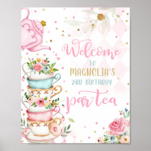 Tea Party Birthday Girl Rosa & Guld Blommigt Par-t Poster