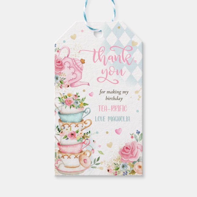Tea Party Birthday Girl Rosa & Guld Blommigt Par-t Presentetikett (Framsidan)