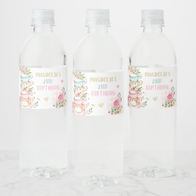 Tea Party Birthday Girl Rosa & Guld Blommigt Par-t Vattenflaskor Etikett (Flaskor)