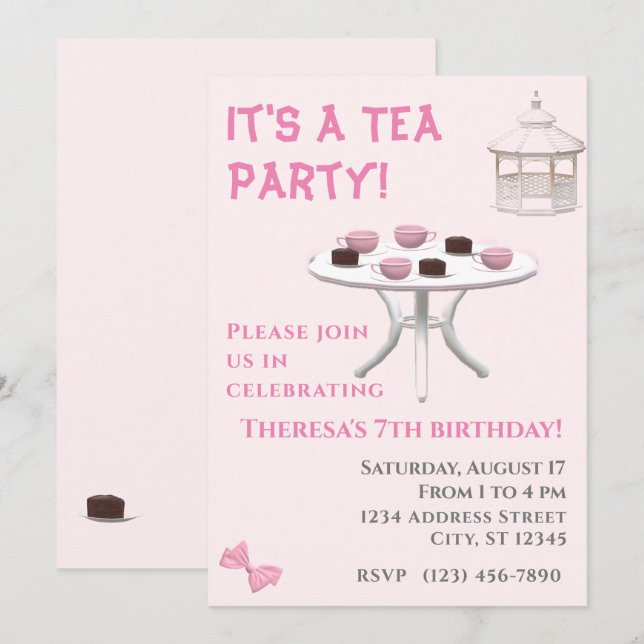 Tea Party Birthday Inbjudningar (Fram/baksida)