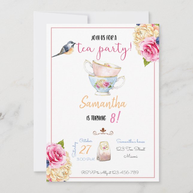 Tea Party Birthday Invitation, Tea Invitation Inbjudningar (Framsida)