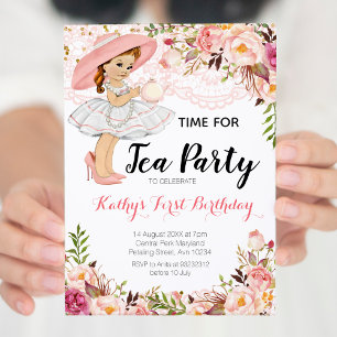 Tea Party Blommigt Rosa Girl Birthday Inbjudningar