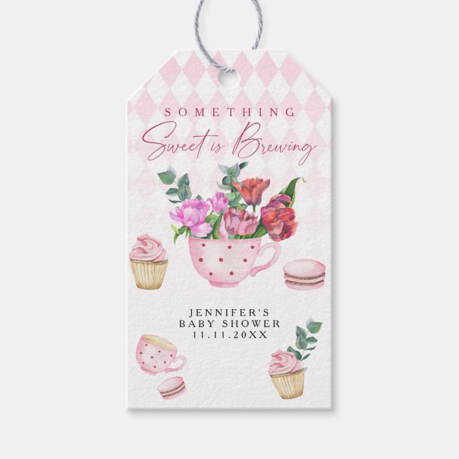 Tea Party Blommor flicka baby shower Presentetikett (Framsidan)