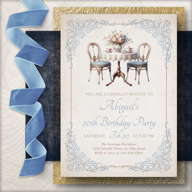 Tea Party Blue Birthday Invitation Inbjudningar (Skapare uppladdad)