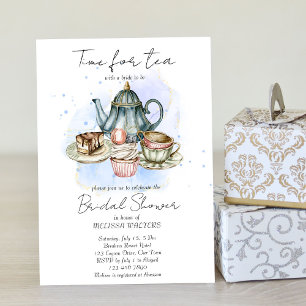 Tea party blue grått vattencolor möhippa inbjudningar