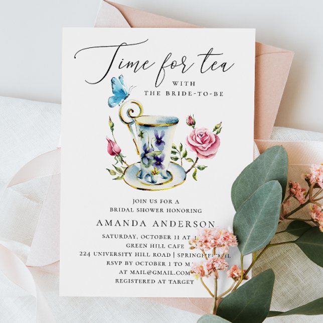 Tea Party Bröllopsdusch med Fjäril & Rosa Ros Inbjudningar (Skapare uppladdad)