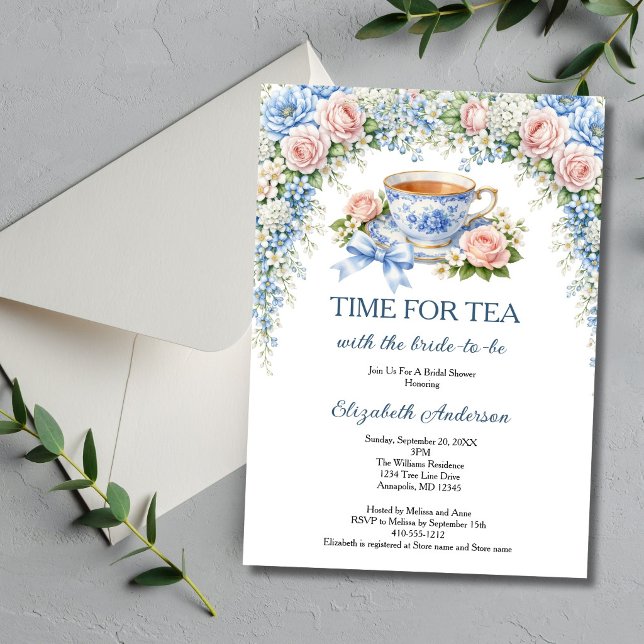 Tea Party Bröllopsdusch, Rosa Blå Trädgårdsblommor Inbjudningar (Time For Tea with the Bride to be. Bridal Shower Tea Party Invitation. Pink Blue Florals. )