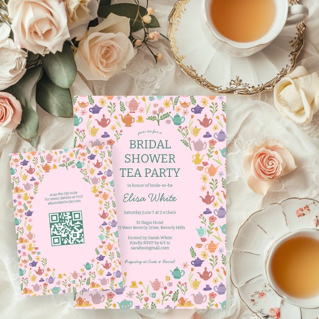 Tea Party Bröllopsdusch Söt ANPASSAD QR-kod Tilläggskort (Tea Party Bridal Shower Cute CUSTOM QR Code Enclosure Card
)