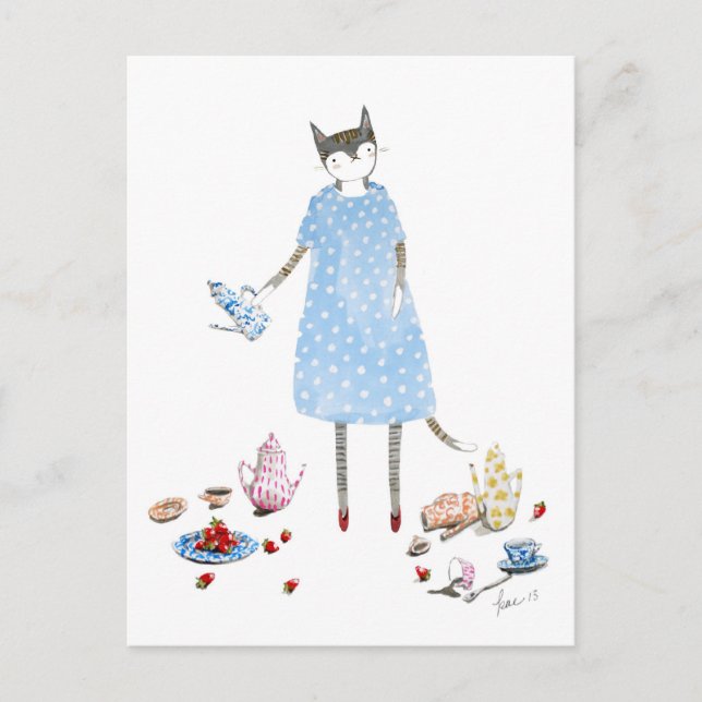 Tea Party Cat i en Karen Walker Dress Vykort (Framsida)