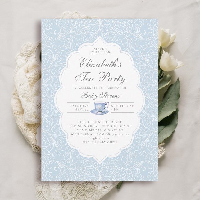 Tea Party Elegant Modern Snöre Blue Boy Shower Inbjudningar (boy baby tea party shower invitation elegant frame modern classic lace blue brewing)