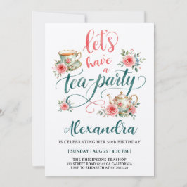 Tea Party Elegant Röd Grön Tekopp Blommig Skrift Inbjudningar