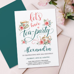 Tea Party Elegant Röd Grön Tekopp Blommig Skrift Inbjudningar