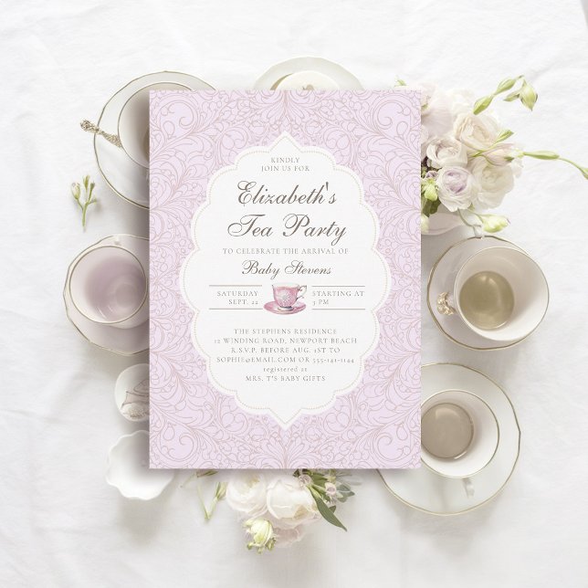 Tea Party Elegant Snöre Lila Girl Baby Shower Inbjudningar (girl baby tea party shower invitation elegant frame modern classic lace purple pink brewing)