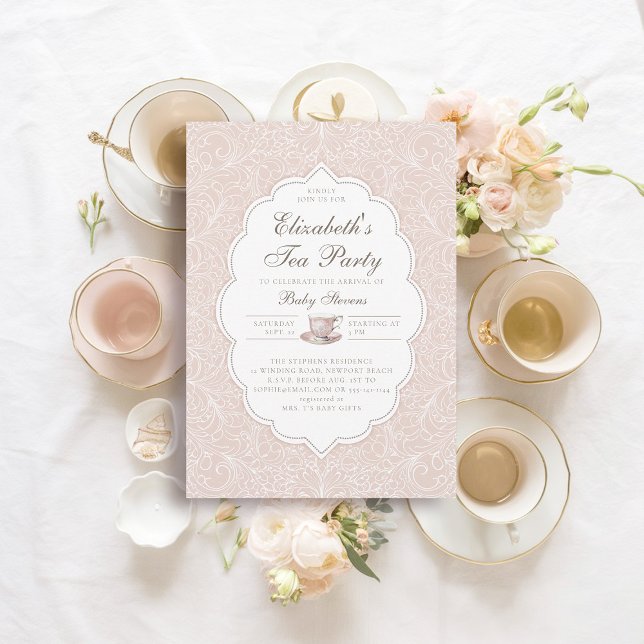 Tea Party Elegant Snöre Peach Rosa Girl Baby Showe Inbjudningar (girl baby tea party shower invitation elegant frame modern classic lace peach pink white brewing)