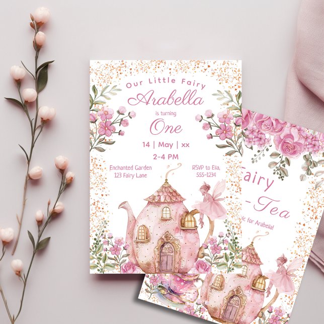 Tea Party Fairy Girl  Rosa Flowers Birthday Inbjudningar (Skapare uppladdad)
