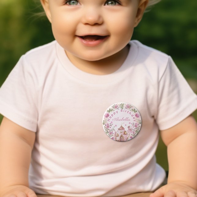 Tea Party Fairy Girl  Rosa Flowers Birthday Knapp (Skapare uppladdad)