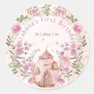 Tea Party Fairy Girl Rosa Flowers Birthday Runt Klistermärke