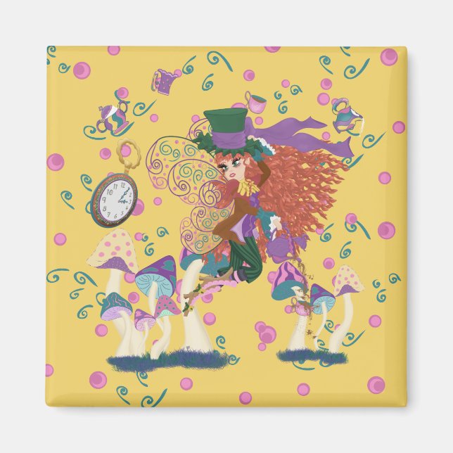 Tea Party Fairy, Vintage Watch och svamp Magnet (Framsidan)