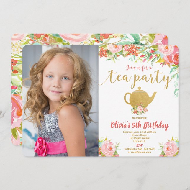 Tea party födelsedag blommigt rosa guld inbjudningar (Fram/baksida)