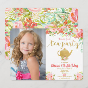 Tea party födelsedag blommigt rosa guld inbjudningar