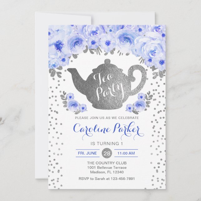 Tea Party-födelsedag - den vita Blommigten Silver Inbjudningar (Framsida)