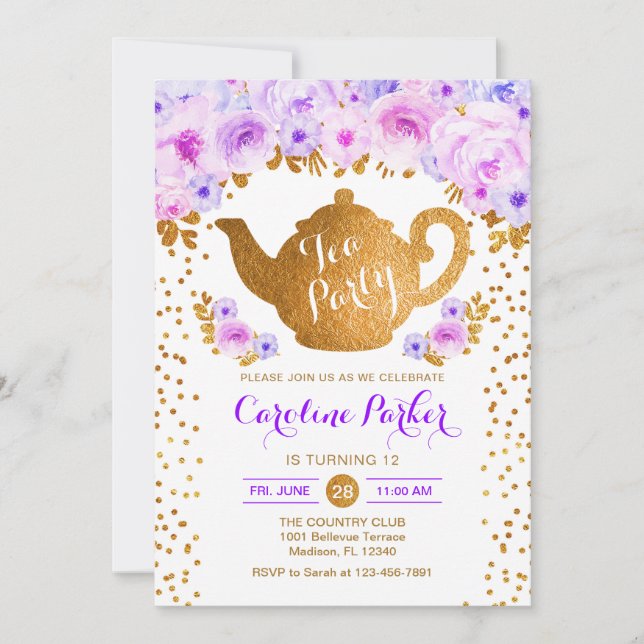 Tea Party-födelsedag - Guld Vita Lilan Inbjudningar (Framsida)