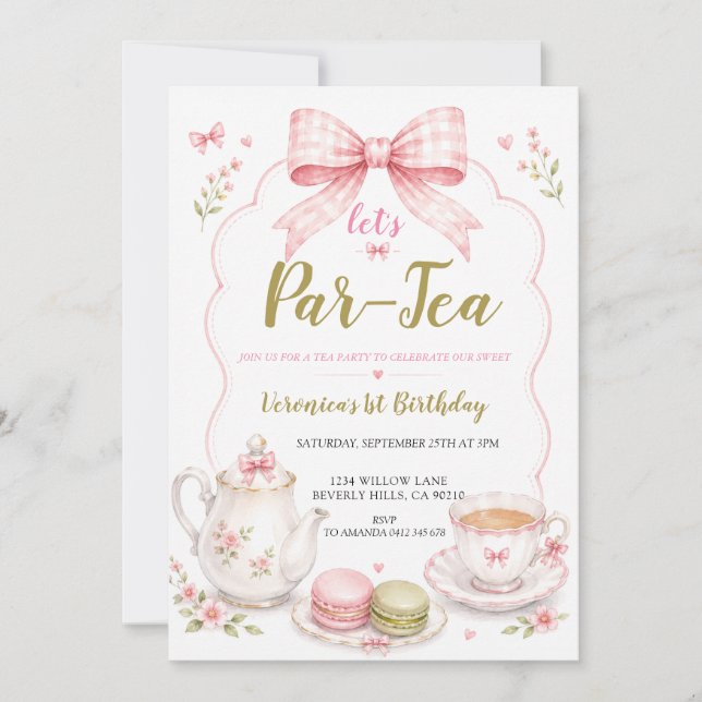 Tea Party Första Födelsedags Tjej Båge Inbjudan  (Framsida)