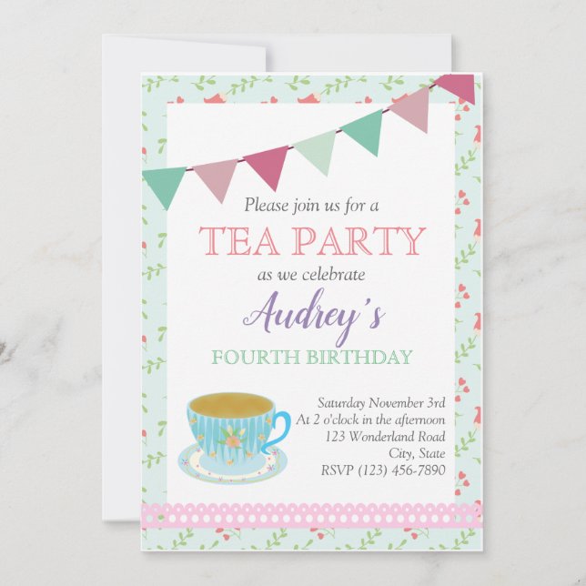 Tea Party Girls Birthday Shabby chic Aeftermiddag  Inbjudningar (Framsida)