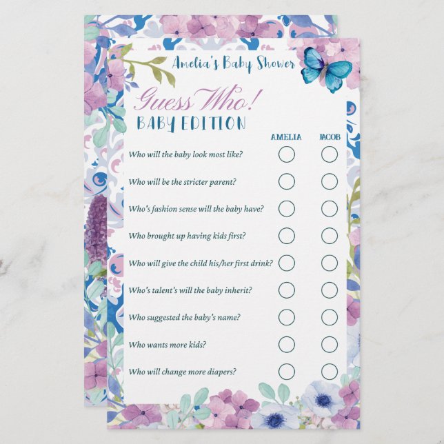 Tea party Gissa vem baby-utgåvan Babyduschspel (Fram/baksida)