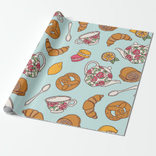 Tea party hand plockade sömlös mönster. Colorfu Presentpapper